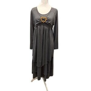 Made With Heart Womens L Gray Tiered Maxi Dress Long Sleeve Heart Buckle NWT